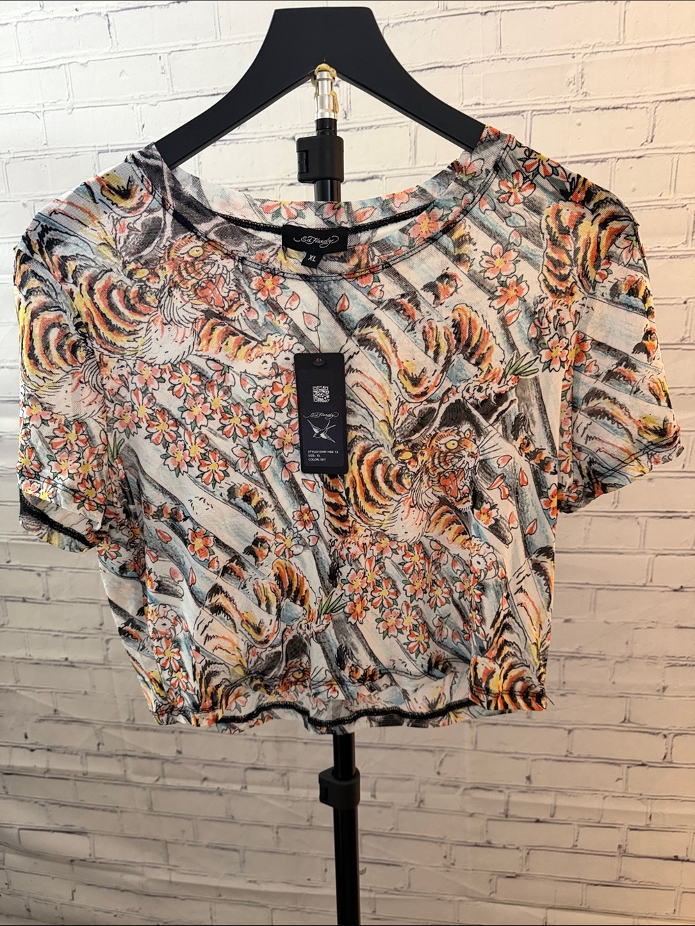 NWT Ed Hardy semi sheer Floral & Tiger Print Cropped Top - Multicolor